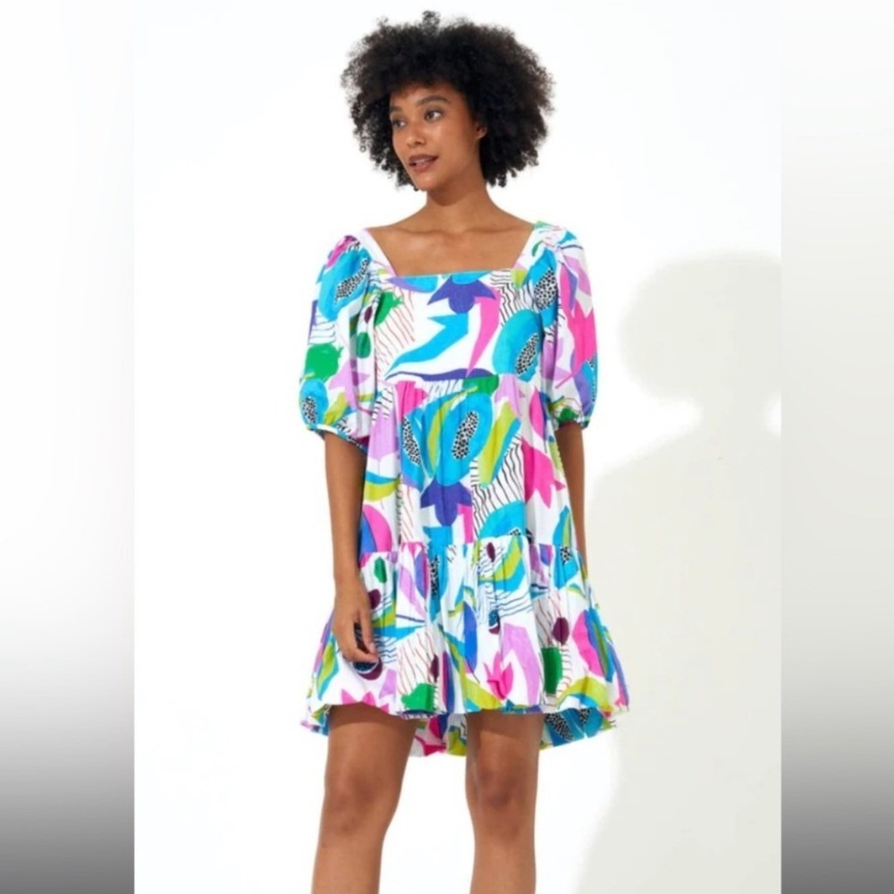 Oliphant Dress Papaya Mini Small Multicolor Smocked Puff Sleeve Bubble Hem